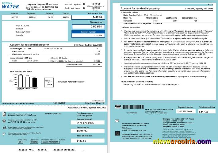 Australia Sydney Water business utility bill, 2 pages